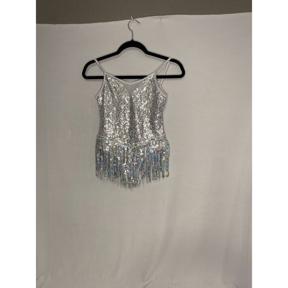Sequin Fringe Silver Dance Costume Leotard - Picture 1 of 2